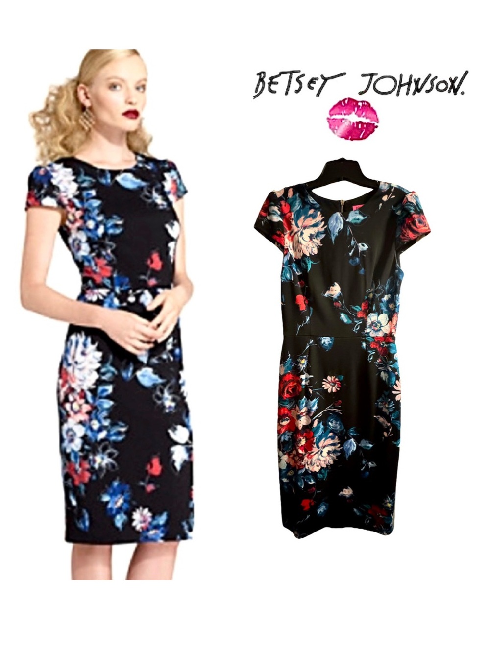 Betsey Johnson Womens Floral Sheath Dress Stretch Lined Cap Sleeve Black Sz 6
